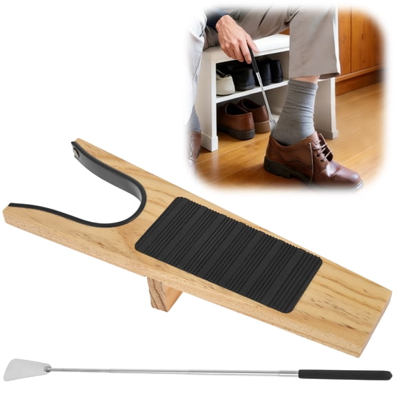 2Pcs Boot Jack Set with Retractable Shoe Horn, Wooden Wellie Remover with Mud Scraper for Leather Boots Wellingtons Entrance