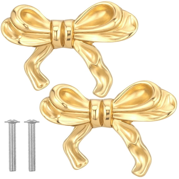 2Pcs Bow Knobs Brass Bow Drawer Pulls Decorative Bow Cabinet Knobs Gold Bow Cabinet Handle Bow Pull Handles Delicate Bow Dresser Knobs with Screws for Cabinets Drawers