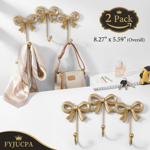 2Pcs Bow Wall Hook Decorative Bow Knot Hanger Multipurpose Gold Towel Hook Wall Mounted Hat Hanger for Living Room Bedroom