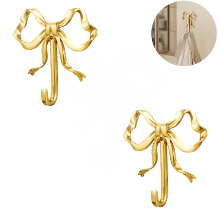2Pcs Bow Wall Hooks, 2.6inch Decorative Knot Brass Purse Hanger Holder Coat Rack Wall Mount Gold Vintage Multi-Purpose for Bathroom Hanging Coats Keys Hats Towels Bags Umbrella
