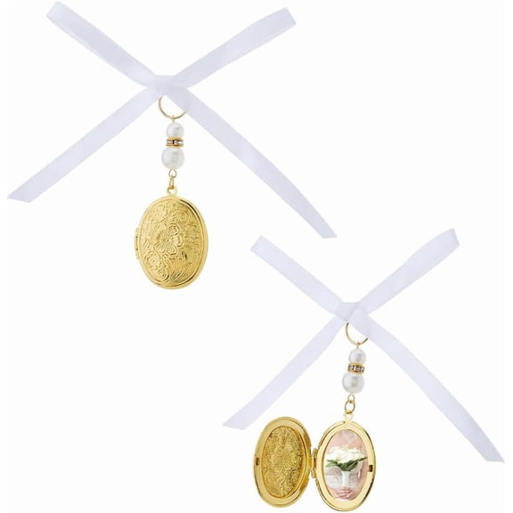 2Pcs Bowknot Bouquet Photo Locket Charms Brass Locket Pendant Decorations with Imitated Pearl Beads and Satin Ribbon Gold Oval Rial Angel Photo Pendants for Bridal Decorations Gold DIY