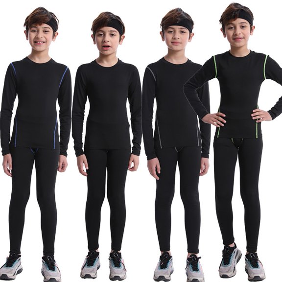 2Pcs Boys Long Sleeve Sports Base Layer Compression Shirt+Leggings Set, SILVERCELL Kids Quick Dry Athletic Football Basketball Undershirt Activewear Suit, 4-10 Years