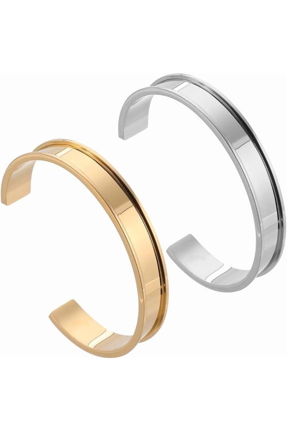 2Pcs Bracelet Blanks Stainless Steel Cuff Bracelets 12mm Wide C-Shape Empty Open Grooved Bracelets Blank Golden Platinum Color Hair Tie Bangles for Jewelry Making Kits Inlay Laser Engraving diy