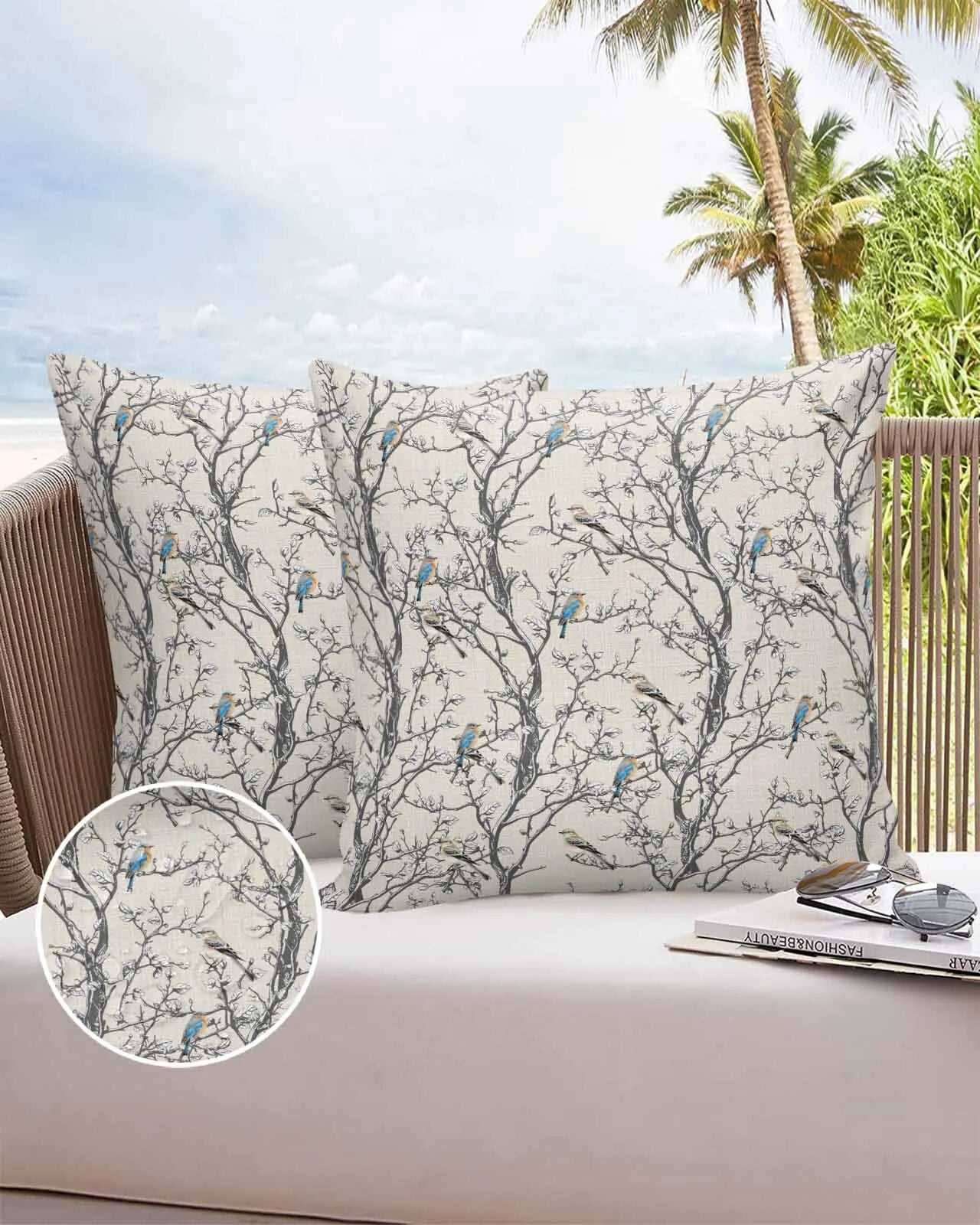 2Pcs Branch Bird Retro Hand Drawn Pillowcase Waterproof Bedroom Living Room Sofa Cushion Cover