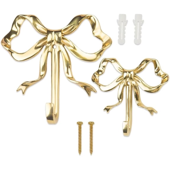 2Pcs Brass Bow Hooks for Wallone Large and one Small, Gold Bow-Shaped Wall Hooks - Retro Bow-Knot Screw for Bathroom & Bedroom, for Hanging Coats, Hats, Towels, Decor