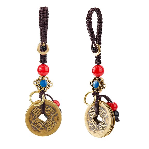 2Pcs Brass Coins Pendant Decorations with Polyester Cord and Alloy & Acrylic Findings Brown 11.3cm