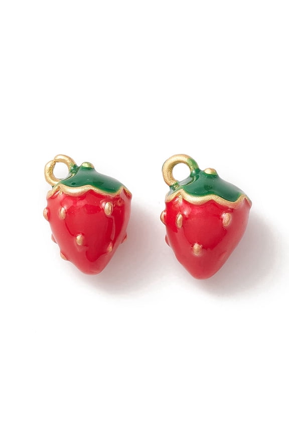 2Pcs Brass Enamel Charms Imitation Fruit Matte Gold Color Strawberry Charm Red 13x11x10mm Hole: 1.2mm