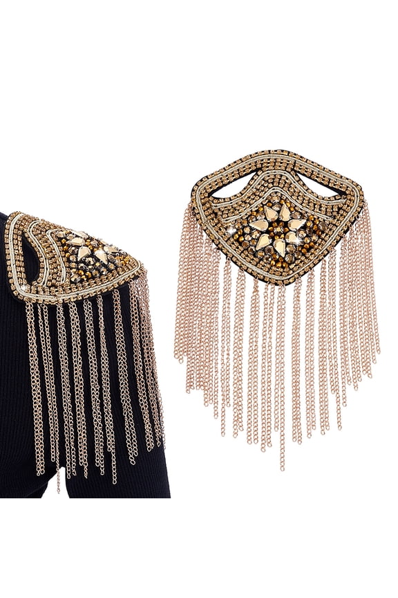 2Pcs Brass Glass Tassel Epaulettes with Iron Findings Golden 215x115x5mm for DIY