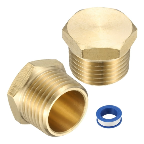 2Pcs Brass Hex Head Plug Compression Cap Fitting Stop Valve Cap, 1/2" NPT Hex Thread Pipe Fitting Flare Cap Tubing Ends Sealing Cap with PTFE Tape for Air Conditioner, Water, Gold