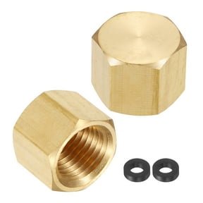 2Pcs Brass Hex Head Plug Compression Cap Fitting Stop Valve Cap, 1/4" NPT Hex Thread Pipe Fitting Flare Cap Tubing Ends Sealing Cap with Gasket for Air Conditioner, Water, Gold