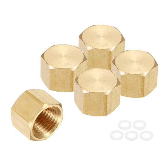 5pcs Brass Pipe Fitting Hex Head Plug 1/4" with Gasket, Gold Tone