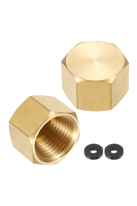 2Pcs Brass Hex Head Plug Compression Cap Fitting Stop Valve Cap, 3/8" NPT Hex Thread Pipe Fitting Flare Cap Tubing Ends Sealing Cap with Gasket, Gold