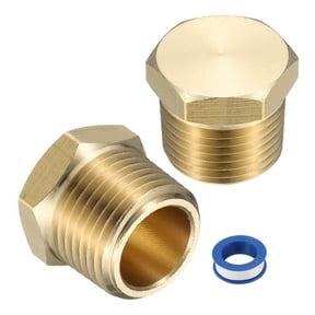 2Pcs Brass Hex Head Plug Compression Cap Fitting Stop Valve Cap, 3/8" NPT Hex Thread Pipe Fitting Flare Cap Tubing Ends Sealing Cap with PTFE Tape for Air Conditioner, Water, Gold
