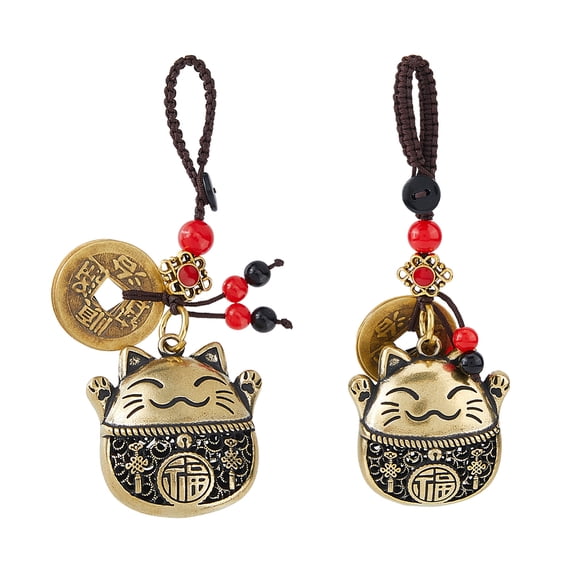 2Pcs Brass Pendant Decoration with Resin Fortune Cat Shape Bronze 138.5mm