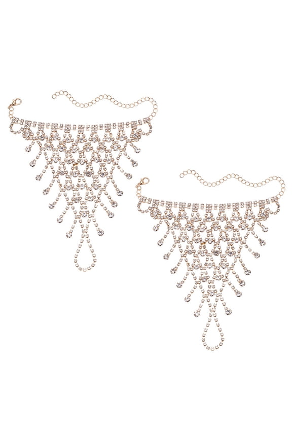 2Pcs Brass Rhinestone Chain Finger Rings Bracelet Chain Bracelet with Rings for Women Golden 5-5/8 inch(14.4cm) 2pcs/set