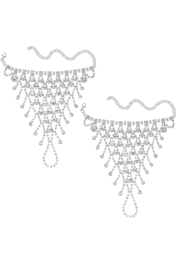 2Pcs Brass Rhinestone Chain Finger Rings Bracelet Chain Bracelet with Rings for Women Silver 5-5/8 inch(14.4cm) 2pcs/set handmade