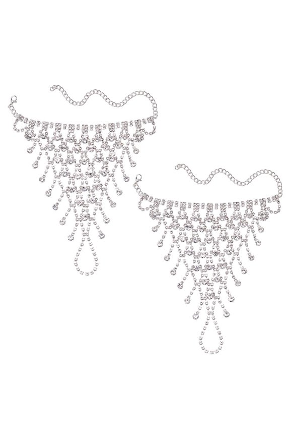 2Pcs Brass Rhinestone Chain Finger Rings Bracelet Chain Bracelet with Rings for Women Silver 5-5/8 inch(14.4cm) 2pcs/set