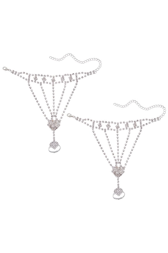 2Pcs Brass Rhinestone Chain Finger Rings Bracelet Chain Bracelet with Rings for Women Silver 6-3/4 inch(17cm) 2pcs/set