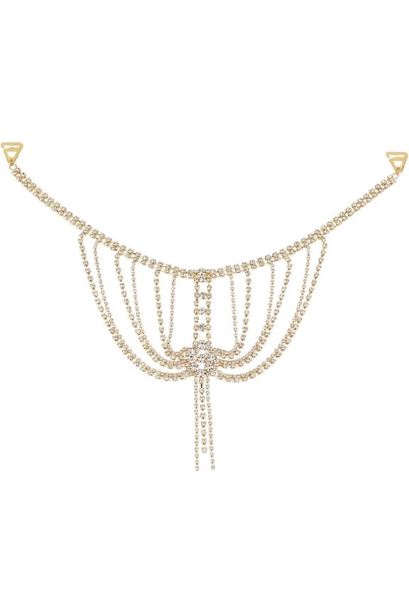 2Pcs Brass Rhinestone Sexy Shoulder Bra Body Chain Wedding Arm Chain Summer Beach Bikini Shoulder Harness for Women Brides Golden 263x135x5.5mm