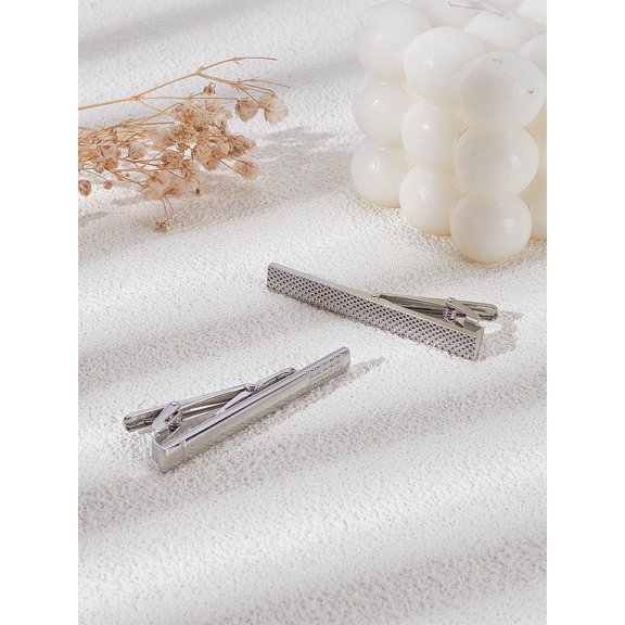 2Pcs Brass Tie Clips Shiny Necktie Tie Bar Pinch Clips Classic Rectangle Silver Pinch for Men Wedding Anniversary Party Business Metting 60x6mm