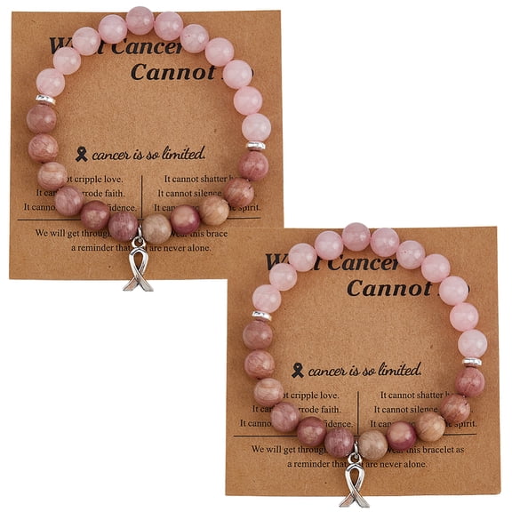 2Pcs Breast Cancer Awareness Bracelets Pink Natural Stone Beaded Bracelets Cancer Care Gifts for Women Friends with 2Pcs Paper Greeting Card