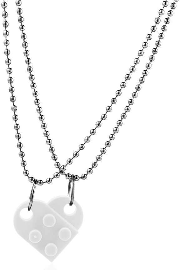 2Pcs Brick Love Heart Shaped Pendant Necklace Set Elements for Couples Lovers Matching Building Block Bricks Kits Him Her Creative Friendship Valentine's Day BFF Jewelry-White