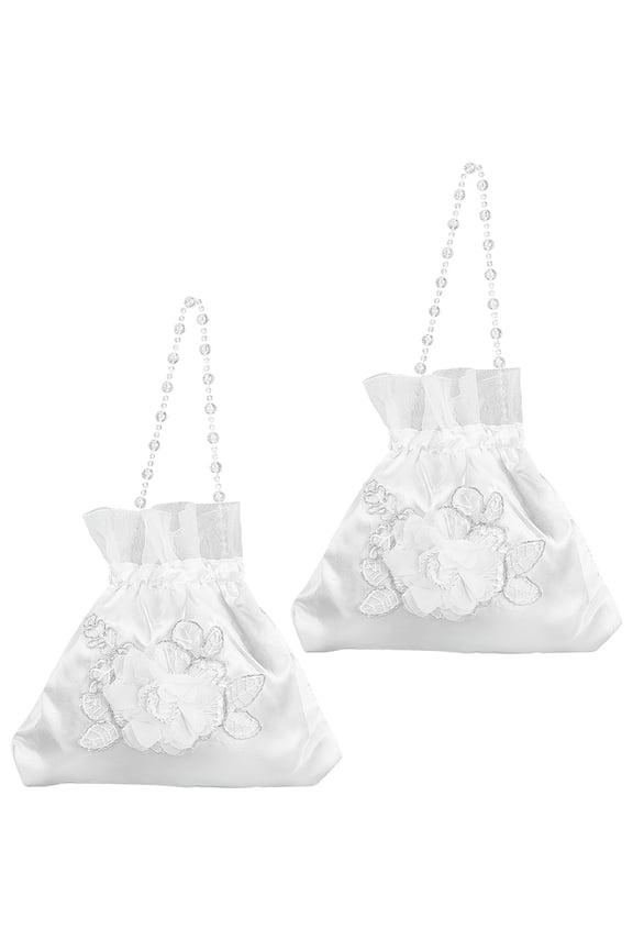 2Pcs Bride Money Bag White Bridal Handbag Silk Satin 3D Flower Floral Lace Decorated Drawstring Purse Pouches Bag with Plastic Beads Chain for Wedding Favor Party Dollar Dance Women Supplies DIY