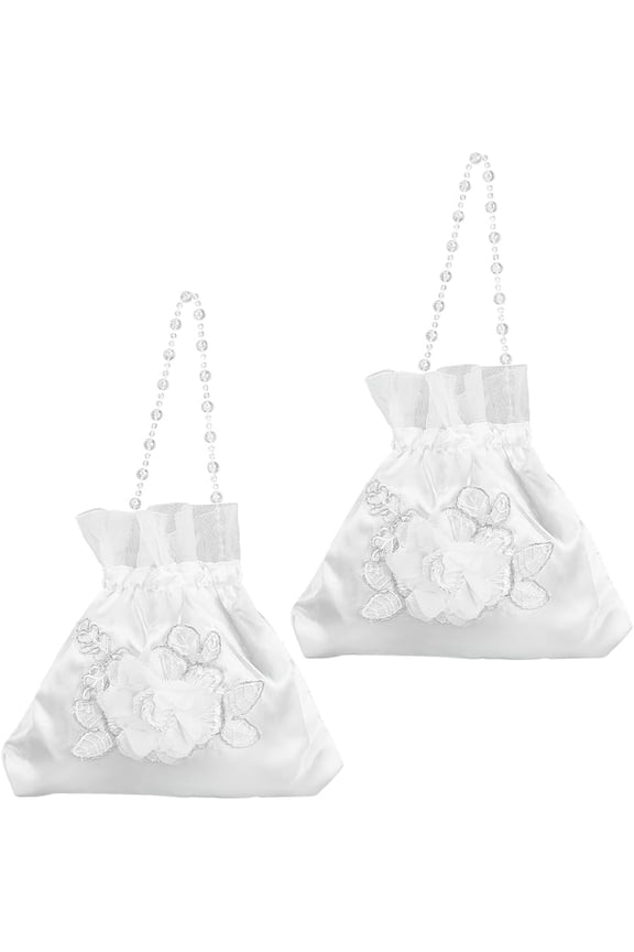 2Pcs Bride Money Bag White Bridal Handbag Silk Satin 3D Flower Floral Lace Decorated Drawstring Purse Pouches Bag with Plastic Beads Chain for Wedding Favor Party Dollar Dance Women Supplies
