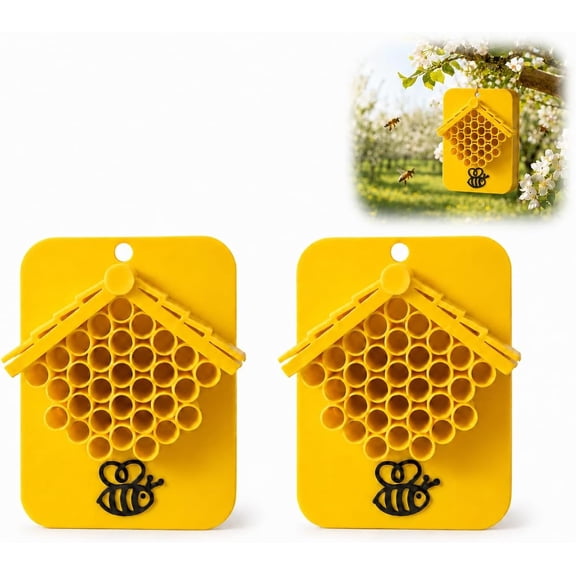 2Pcs Bright Yellow Solitary Bee Hanging Hotel, Outdoor Pollinator Shelter for Mason Bees, Hanging Bee Nesting Habitat Ornament for Garden Tree Patio Decor