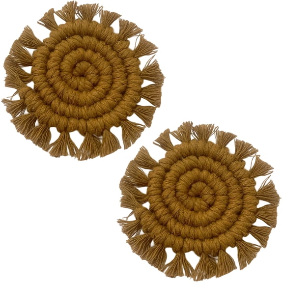 2Pcs Brown Car Coasters Car Cups Holder Coaster Cotton Universal Boho Rustic Woven Macrame Round Drink Mini Mat PadDIY