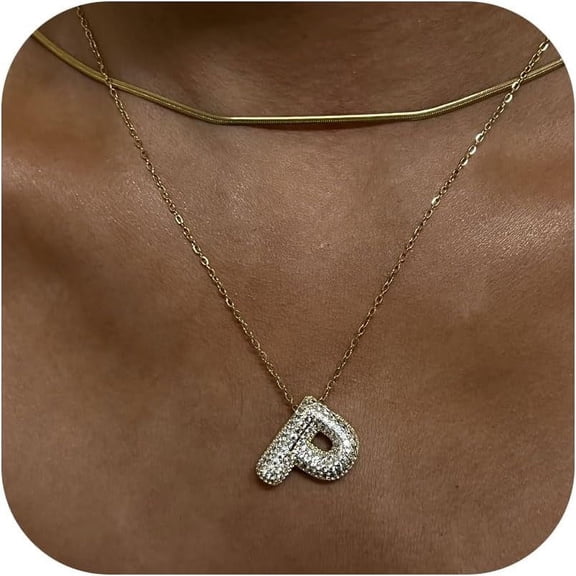 2Pcs Bubble Letter Necklace Gold Balloon Initial Pendant Necklace 18K Real Gold Plated Cubic Zirconia Alphabet Name Necklace For Women Jewelry Gift With Box[Z3825]