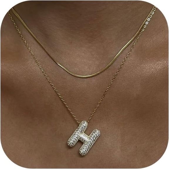 2Pcs Bubble Letter Necklace Gold Balloon Initial Pendant Necklace 18K Real Gold Plated Cubic Zirconia Alphabet Name Necklace For Women Jewelry Gift With Box[Z3843]