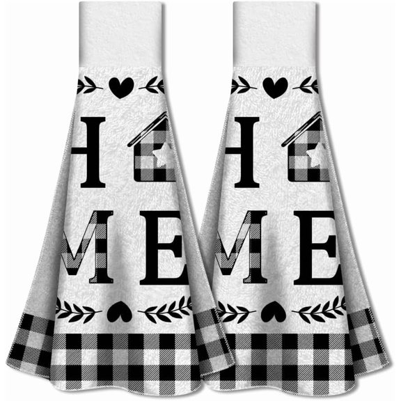 2Pcs Buffalo Plaid Home Hand Towels with Hanging Loop Soft Absorbent Black White Plaid Kitchen Towels Country Checkered Farmhouse Dish Cloths