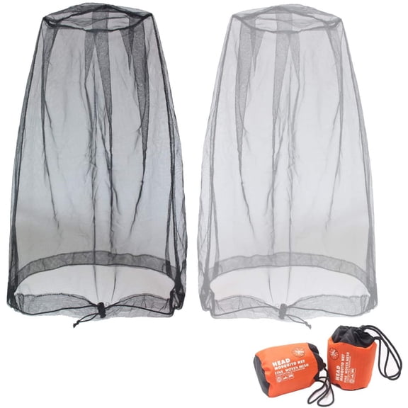 2Pcs Bug Face Neck Net, Black & Grey. Large mesh hood blocks bugs & gnats. Fits most hats, with carry bag for outdoor use.