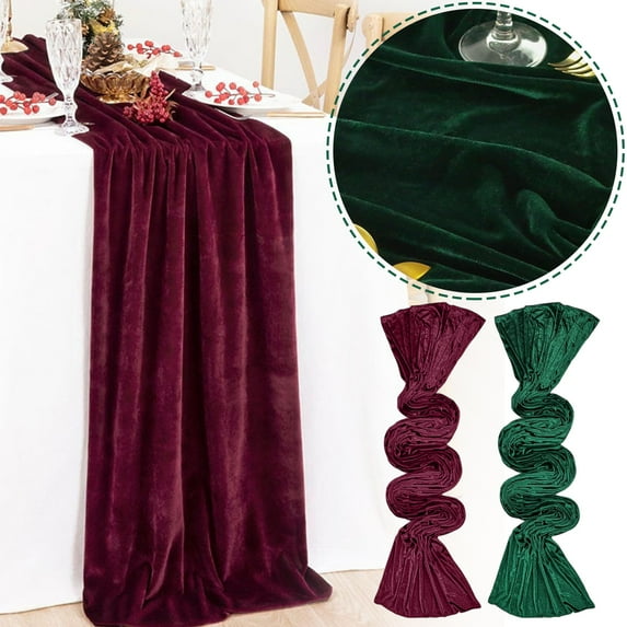 2Pcs Burgundy & Deep Green Velvet Table Runner Christmas Cloth Decor 29x120" 10Ft Fabric Luxurious Thanksgiving Wedding Runner for New Year Bridal Shower Wedding Xmas Party, Reception Table Decor