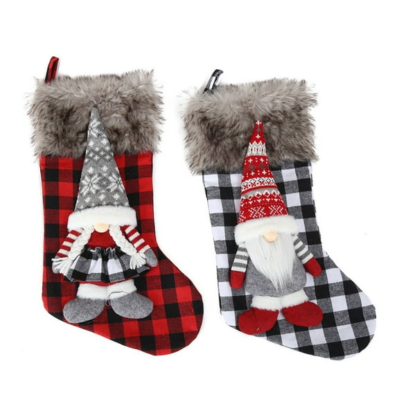 2Pcs Burlap Christmas Stocking Red and Black Plaid Cuff Mantel Decoration Gift Holder for Party Family Holiday Xmas