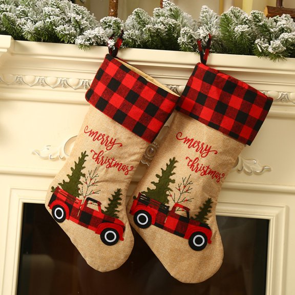 2Pcs Burlap Christmas Stocking Red and Black Plaid Cuff Mantel Decoration Gift Holder for Party Family Holiday Xmas