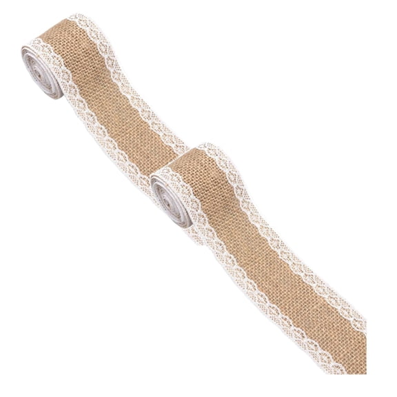 2Pcs Burlap Lace Ribbon 5Cm Wide Natural Jute Burlap with White Lace Trim Fabric Ribbon for Wrapping Wedding Diy Holiday Event & Party 3.9X3.9" Home Decor Happy 2026!
