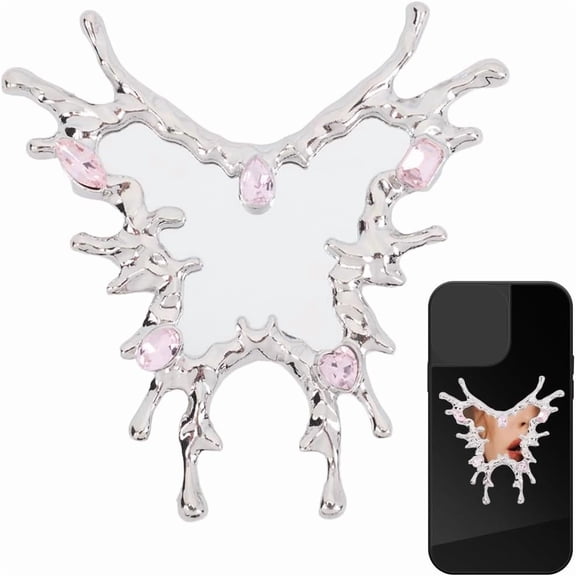 2Pcs Butterfly Alloy Rhinestones Glass Makeup Mirror for Phone Cases Phone Stick on Portable Phone Mirror with 2Pcs Self Adhesive Stickers diy
