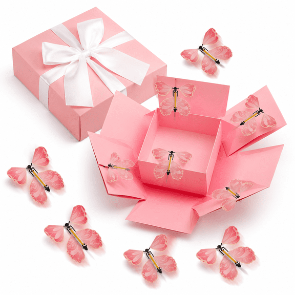 2Pcs Butterfly Explosion Gift Box, Pink Pop-Up Gift Packaging Box with 8 Pink Butterflies, DIY Exploding Fantasy Boxes for Wedding, Anniversary, Valentine's Day Gift Wrapping, 5.6 x 5.6 x 4.9 inch