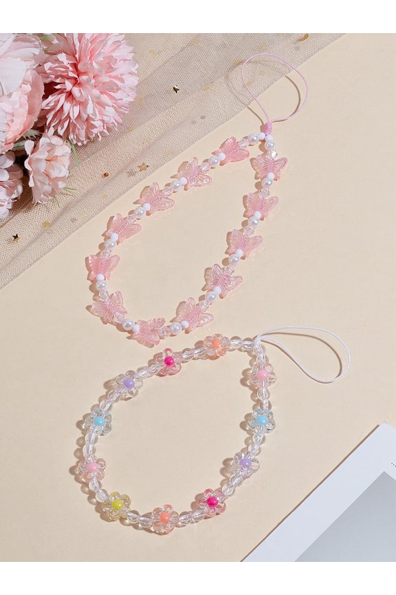 2Pcs Butterfly and Flower Phone Strap Plastic Mobile Straps Mobile Phone Ornaments Handsets Chain String Non-Lost Beaded Lanyard for Camera Keychain Decoration 190-210mm Long Colorful DIY