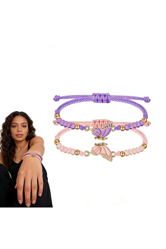 2Pcs Butterfly Friendship Bracelets, Cute Butterfly Matching Bracelets, Adjustable Bracelet for 2 Handmade Charm Friendship Jewelry, Ideal Gifts for Her(Pink and Purple)