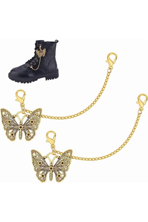 2Pcs Butterfly Iron Boot Strap Chains with Zinc Alloy Lobster Claw Clasps Golden 170mm