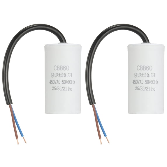 2Pcs CBB60 Run Capacitor 9uf 450V AC 2 Wires 50/60Hz Cylinder 65x34mm White