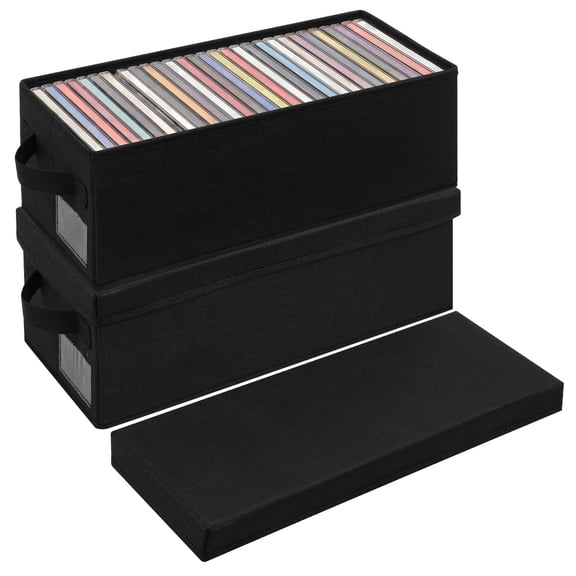 2Pcs CD Storage Box Non Woven Fabric Organizer with Lid Reinforced Handle and Label Window Stackable Media Holder for CD DVD Blu Ray