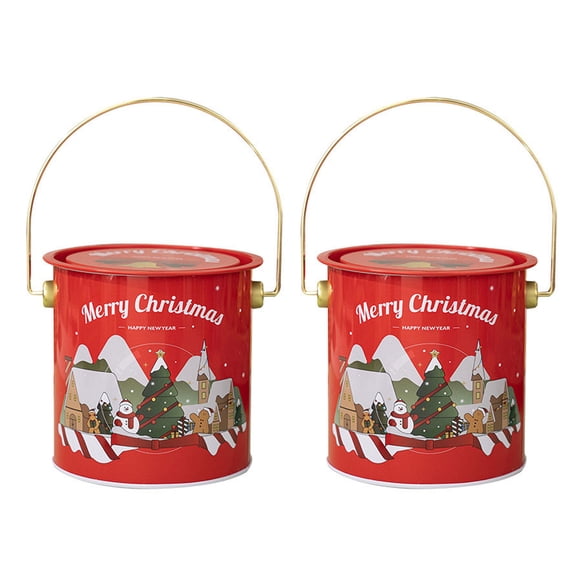 2Pcs Candy Boxes with Carry Handle Christmas Round Bucket Tinplate Candies Tins Handheld Sweets Storage Container