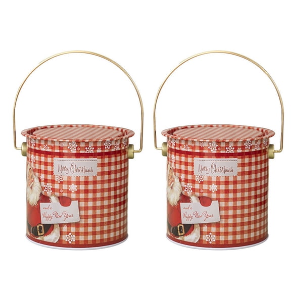 2Pcs Candy Boxes with Carry Handle Christmas Round Bucket Tinplate Candies Tins Handheld Sweets Storage Container
