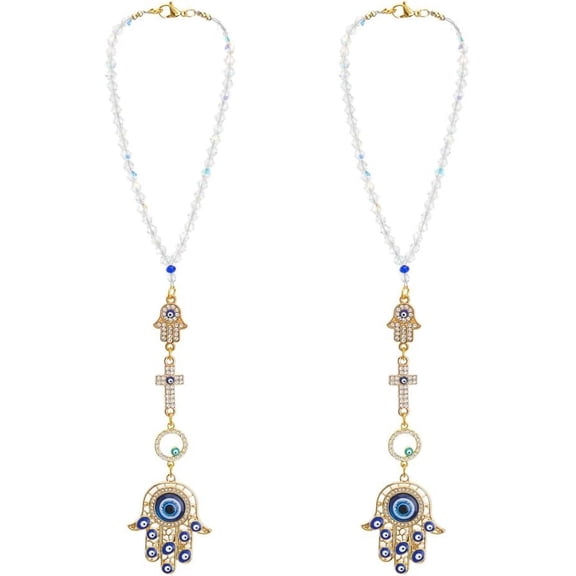 2Pcs Car Hanging Ornament Hamsa Hand Rear View Mirror Car Charms Beaded Rhinestone Alloy Enamel Pendant Decorations with Lobster Claw Clasps Hanging Car Ornaments for DIY