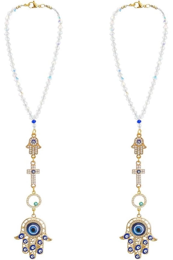 2Pcs Car Hanging Ornament Hamsa Hand Rear View Mirror Car Charms Beaded Rhinestone Alloy Enamel Pendant Decorations with Lobster Claw Clasps Hanging Car Ornaments Golden