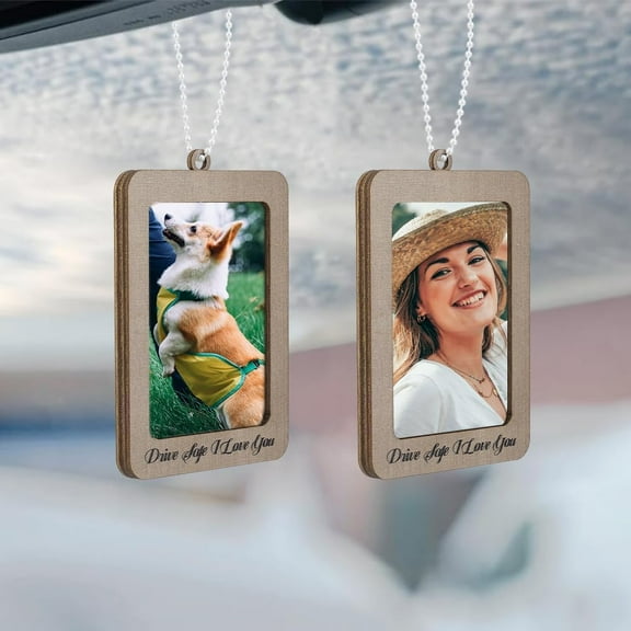 2Pcs Car Hanging Picture Frame Wood Car Photo Holder 4x2.7 Inch Hanging Photo Frame with Rope Rearview Mirror Accessories for Dad Family and Friends Drive Safe I Love You Colorful DIY